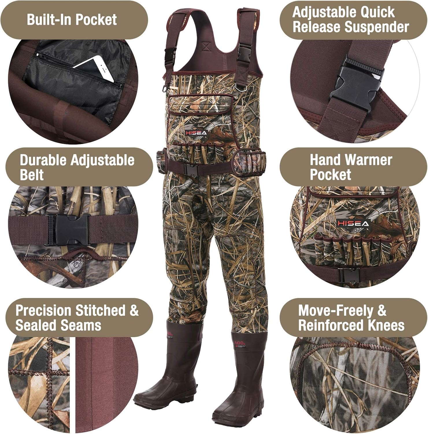 HISEA Chest Waders Neoprene Duck Hunting Waders for Men with 600G Insulated Boot Waterproof Camo Bootfoot Fishing Waders