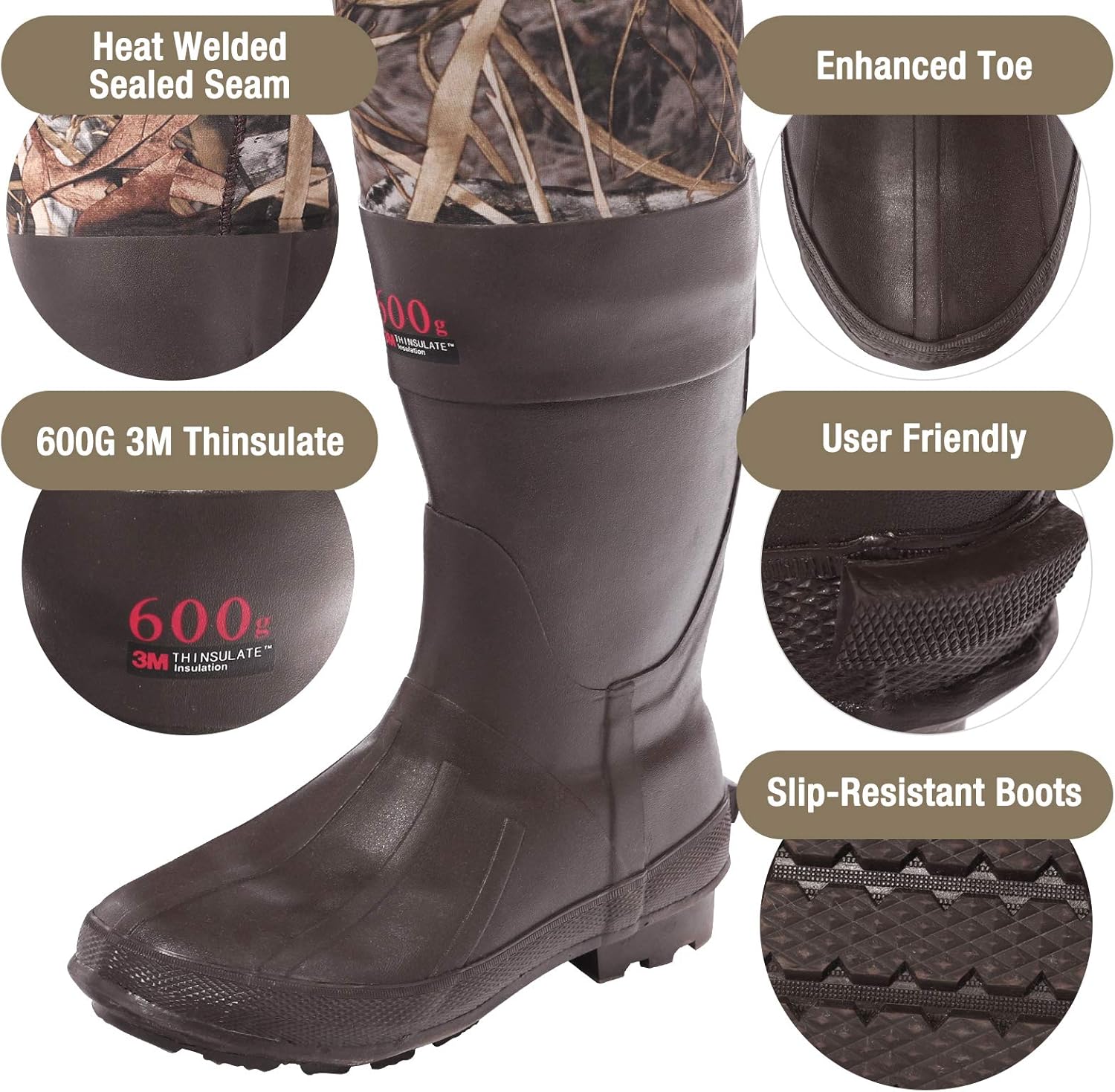 HISEA Chest Waders Neoprene Duck Hunting Waders for Men with 600G Insulated Boot Waterproof Camo Bootfoot Fishing Waders