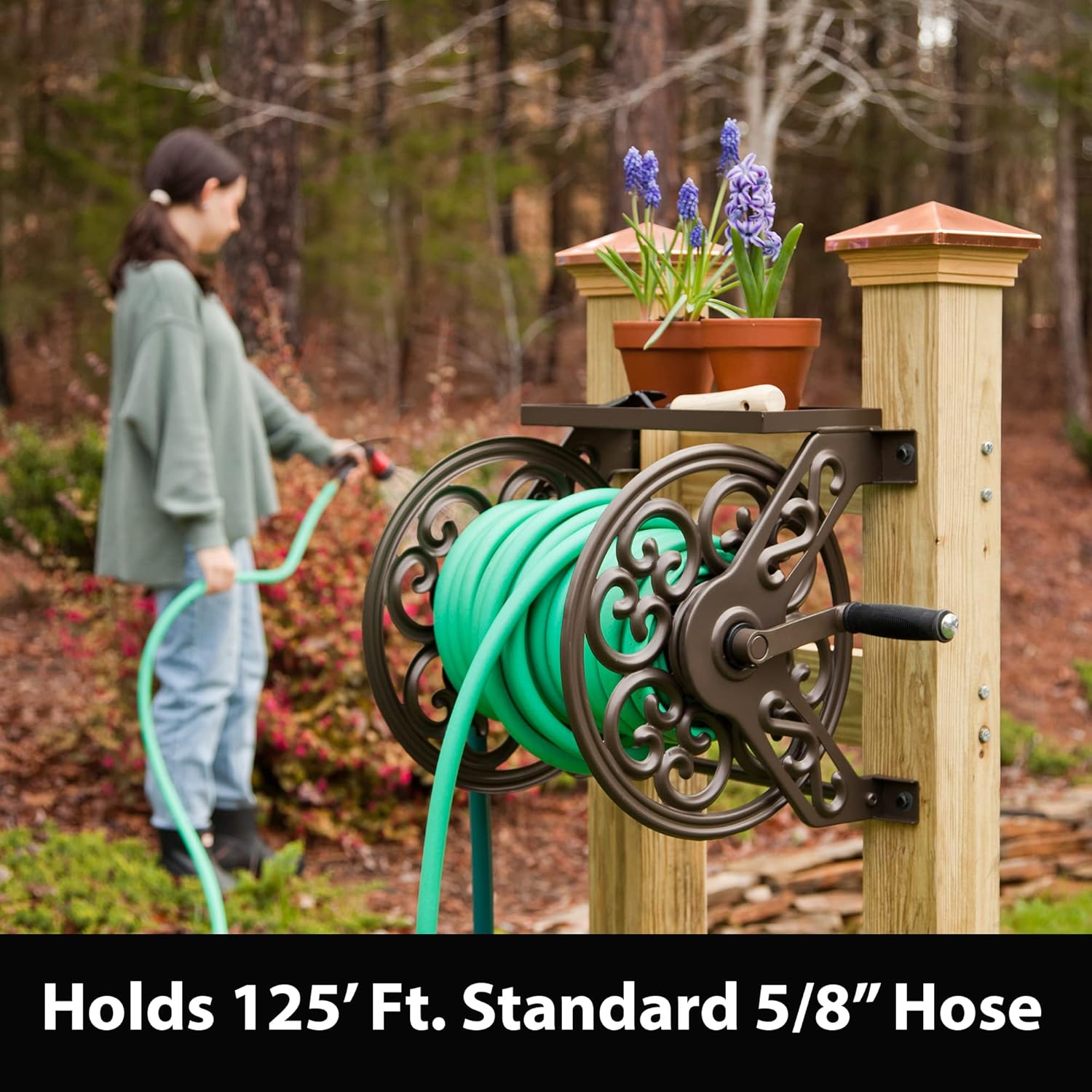 Liberty Garden 708 Steel Decorative Wall Mount Garden Hose Reel, Holds 125-Feet of 5/8-Inch Hose - Bronze